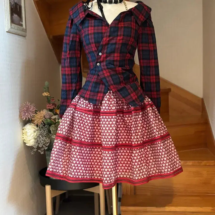 [BUNJANG] Nippon Silk 100% Checkered Shirt &amp; Patterned Skirt Set / 체크 셔츠 &amp; 패턴 스커트 니뽄 실크100 셋업