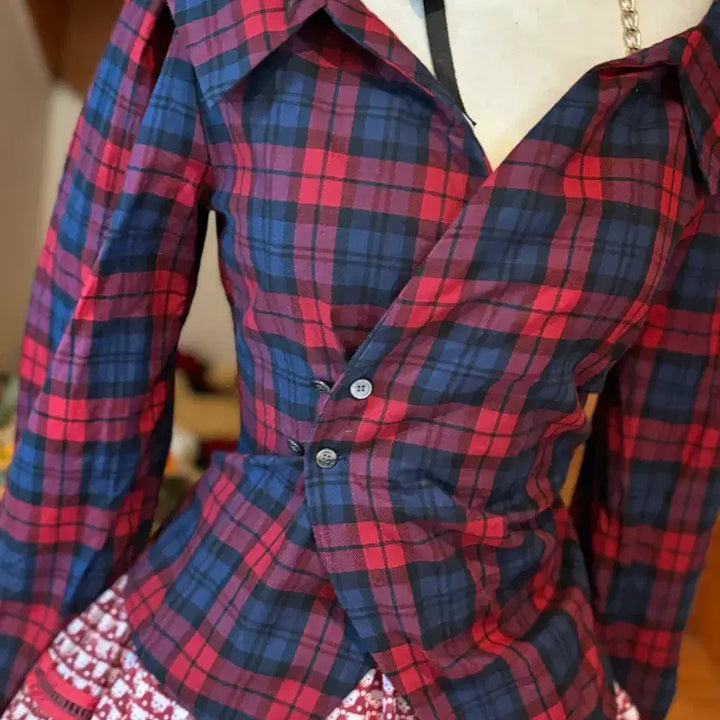 [BUNJANG] Nippon Silk 100% Checkered Shirt &amp; Patterned Skirt Set / 체크 셔츠 &amp; 패턴 스커트 니뽄 실크100 셋업