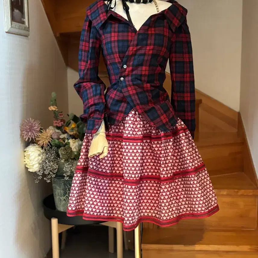 [BUNJANG] Nippon Silk 100% Checkered Shirt &amp; Patterned Skirt Set / 체크 셔츠 &amp; 패턴 스커트 니뽄 실크100 셋업