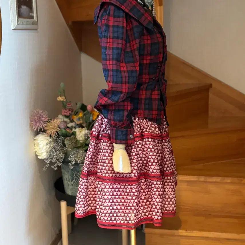 [BUNJANG] Nippon Silk 100% Checkered Shirt &amp; Patterned Skirt Set / 체크 셔츠 &amp; 패턴 스커트 니뽄 실크100 셋업