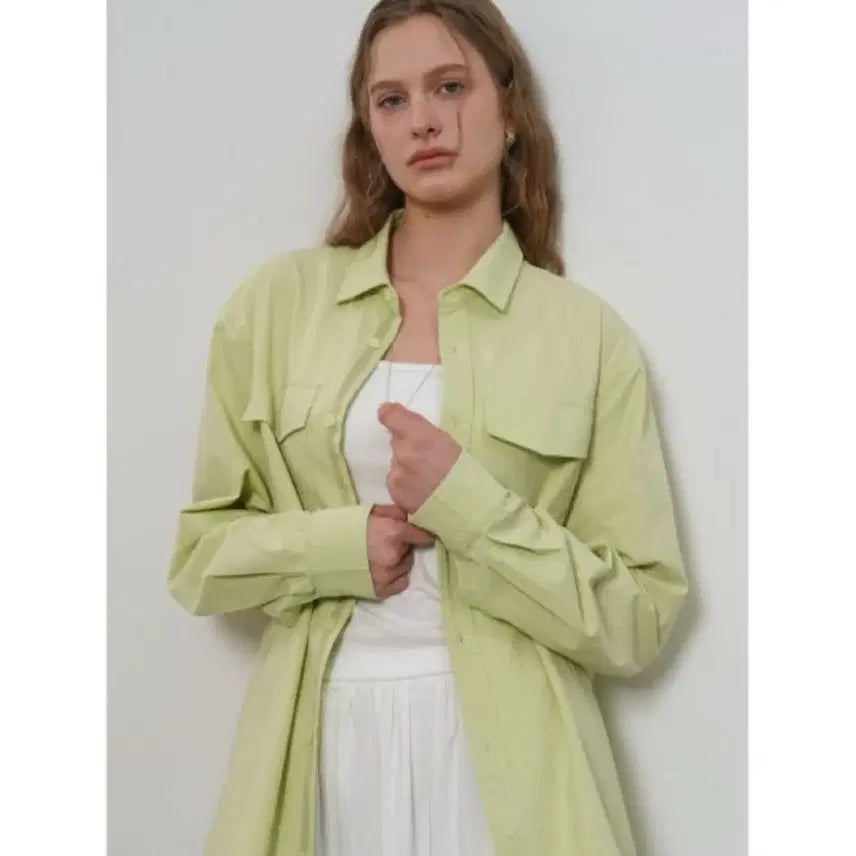 [BUNJANG] General Idea Washed Double Pocket Shirt Lime M / 제너럴 아이디어 워시드 더블 포켓 셔츠 라임 M