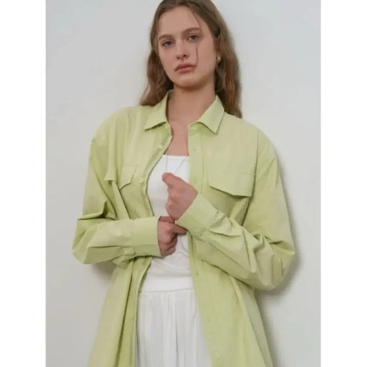 [BUNJANG] General Idea Washed Double Pocket Shirt Lime M / 제너럴 아이디어 워시드 더블 포켓 셔츠 라임 M