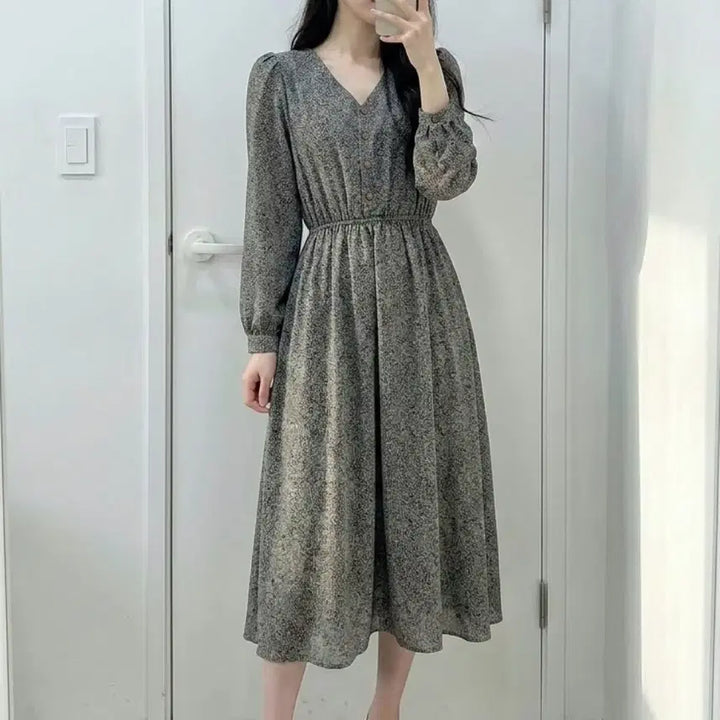 [BUNJANG] Yeori Fit V-Neck Floral Long Dress / 당일발송) 플라워 쉬폰 브이넥 롱원피스