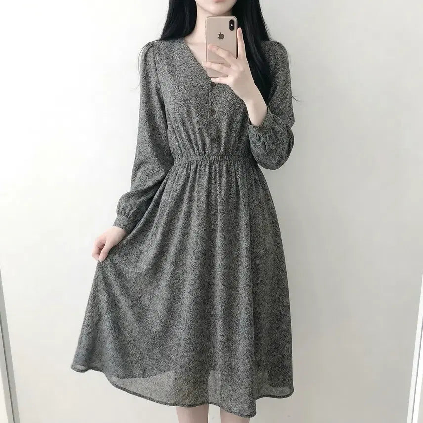 [BUNJANG] Yeori Fit V-Neck Floral Long Dress / 당일발송) 플라워 쉬폰 브이넥 롱원피스