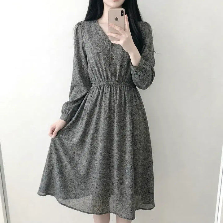 [BUNJANG] Yeori Fit V-Neck Floral Long Dress / 당일발송) 플라워 쉬폰 브이넥 롱원피스