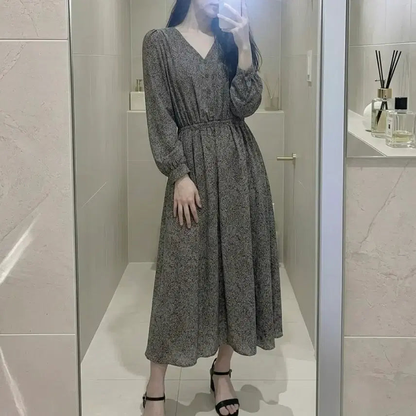 [BUNJANG] Yeori Fit V-Neck Floral Long Dress / 당일발송) 플라워 쉬폰 브이넥 롱원피스