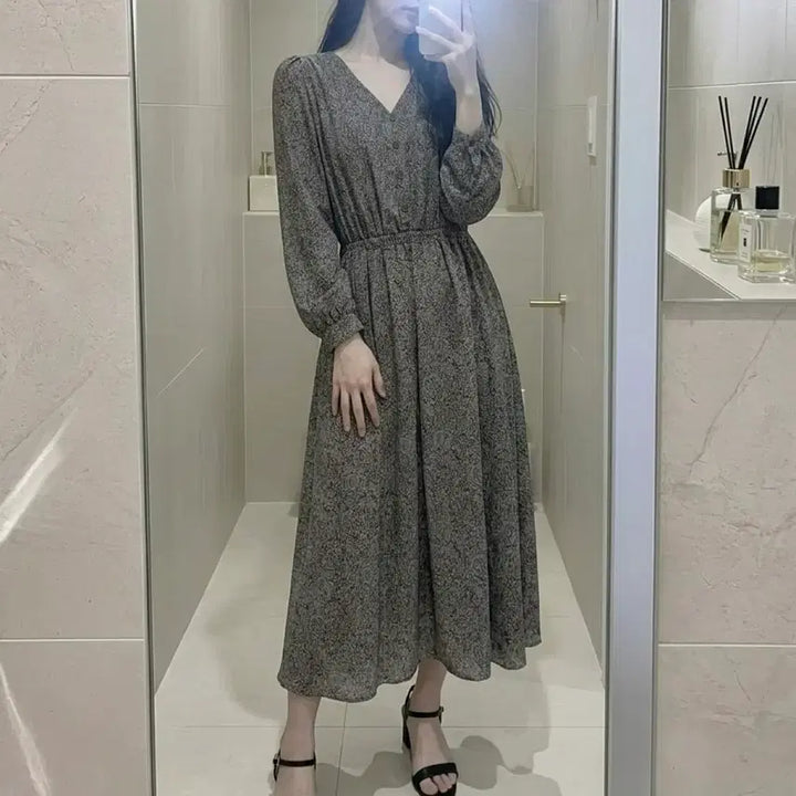[BUNJANG] Yeori Fit V-Neck Floral Long Dress / 당일발송) 플라워 쉬폰 브이넥 롱원피스