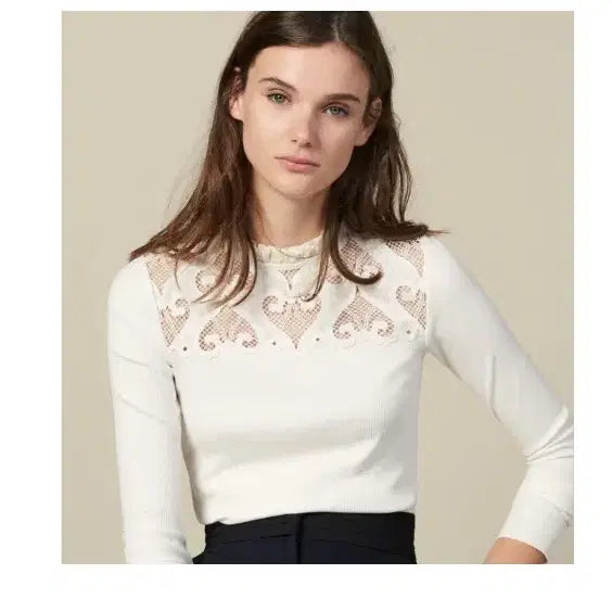 [BUNJANG] Sandro Lace Block Ribbed Top (Size 1) / 산드로 SANDRO 레이스 블록 골지 탑 1 사이즈  정품