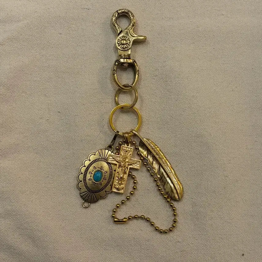[BUNJANG] Vintage Cross &amp; Turquoise Brass Keyring / 크로스 &amp; 터키석 브라스 빈티지 키링