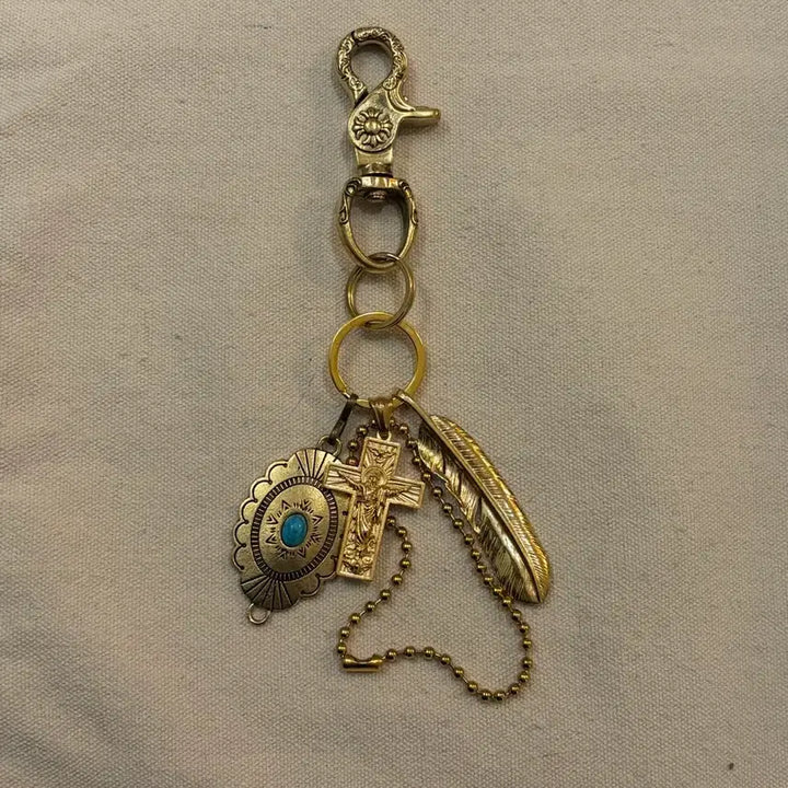 [BUNJANG] Vintage Cross &amp; Turquoise Brass Keyring / 크로스 &amp; 터키석 브라스 빈티지 키링