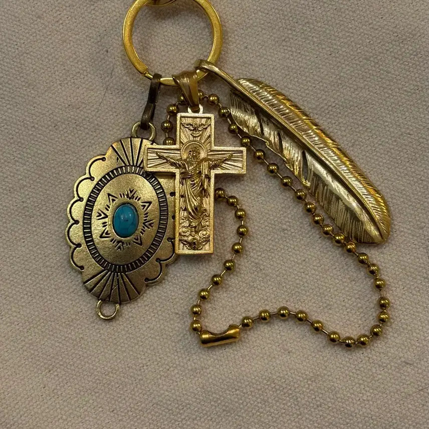 [BUNJANG] Vintage Cross &amp; Turquoise Brass Keyring / 크로스 &amp; 터키석 브라스 빈티지 키링