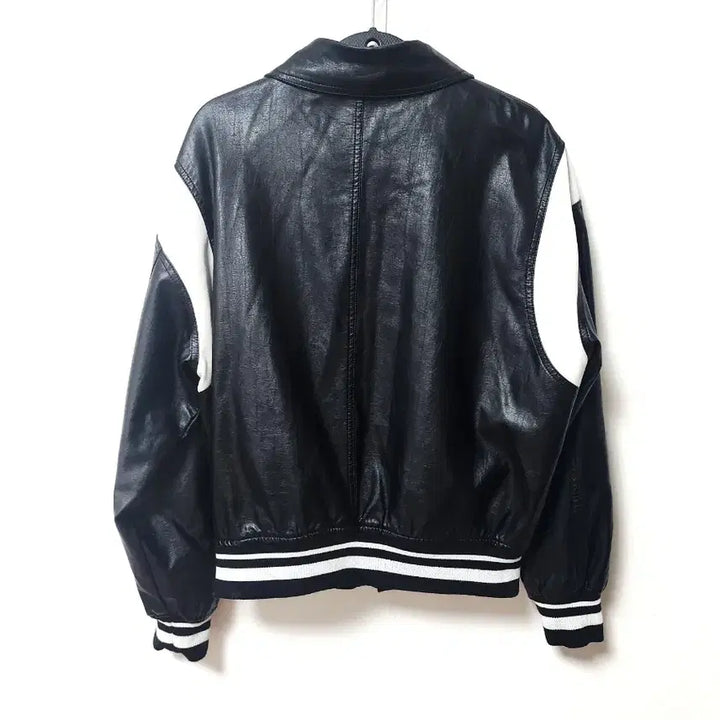 [BUNJANG] VTWO Black Leather Stadium Jacket / VTWO 블랙 레더 배색 스타디움 자켓
