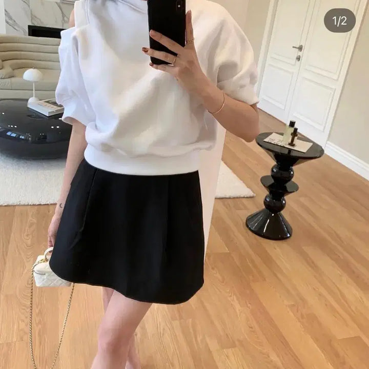 [BUNJANG] Basic White Split Hem Short Sleeve Sweatshirt / 반팔 트임 맨투맨 화이트