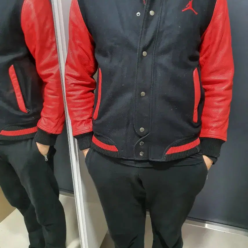 [BUNJANG] Jordan Black/Red Varsity Jacket (M) - Leather / 조던 블랙/레드 바시티 자켓 M (100~105) 소가죽