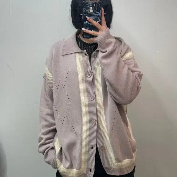 [BUNJANG] Hatching Room Argyle Cardigan Dusty Pink / 3 해칭룸 세미 오버핏 아가일 아카이브 가디건 더스티 핑크