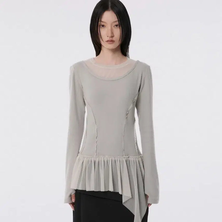 [BUNJANG] Flareup Layered Lace Frill Long Sleeve T-shirt Grey / 플레어업 레이어드 레이스 프릴 롱슬리브 긴팔 티셔츠 그레이