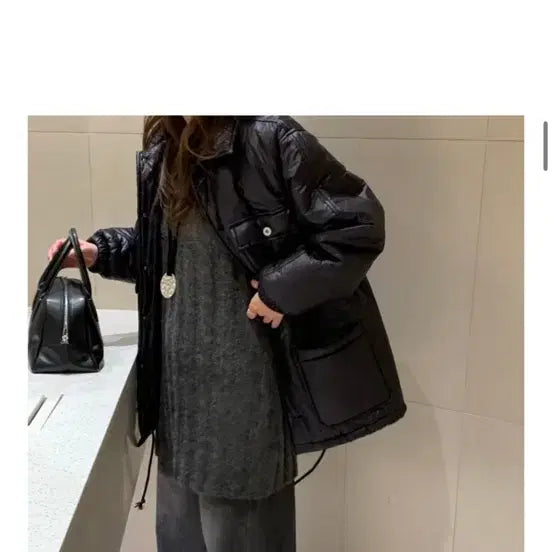 [BUNJANG] Black Shiny Padded Short Jumper / 블랙 유광 패딩 점퍼