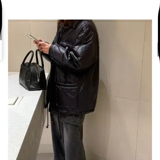 [BUNJANG] Black Shiny Padded Short Jumper / 블랙 유광 패딩 점퍼