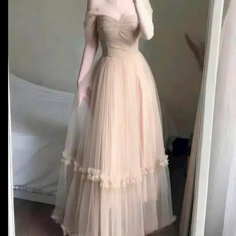 [BUNJANG] Off-Shoulder Tulle Long Dress / 여신 분위기 오프숄더 튤 롱 원피스