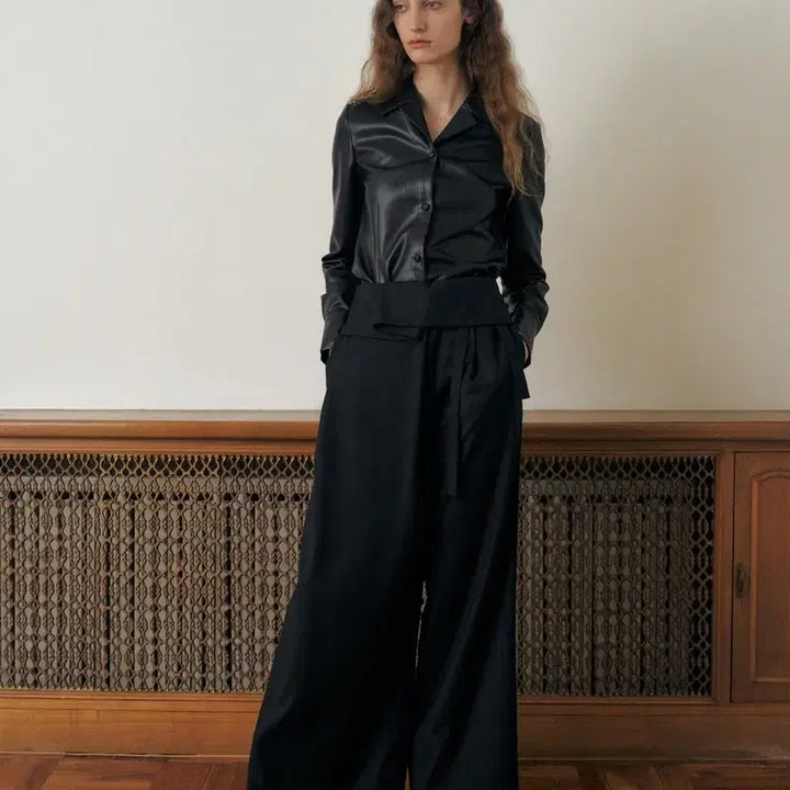 [BUNJANG] KUME Waist Folded Trousers Wide Slacks - Black / 새상품) 쿠메 KUME 웨이스트 폴디드 트라우저 벨트랩팬츠와이드슬랙스블랙