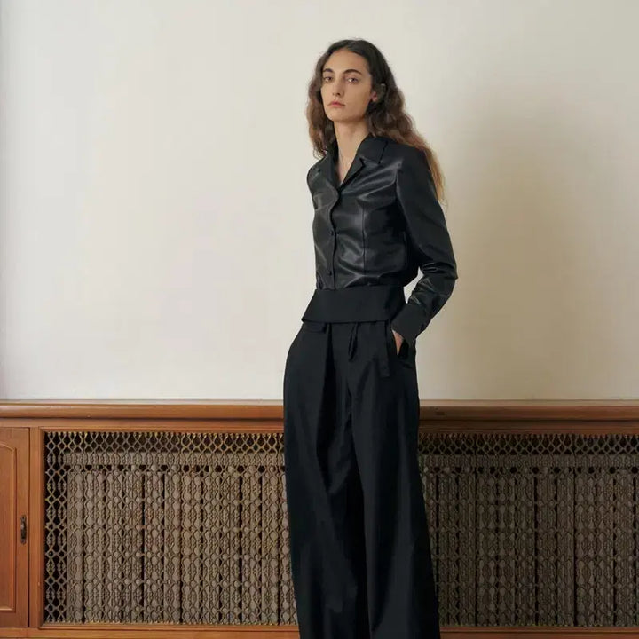 [BUNJANG] KUME Waist Folded Trousers Wide Slacks - Black / 새상품) 쿠메 KUME 웨이스트 폴디드 트라우저 벨트랩팬츠와이드슬랙스블랙
