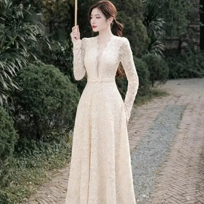 [BUNJANG] Romantic Full Lace Ribbon Long Dress / 새상품] 로맨틱 풀 레이스 리본 롱 원피스