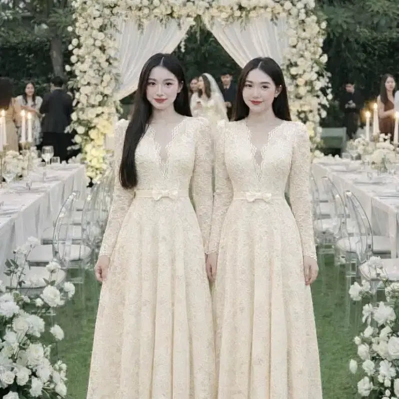 [BUNJANG] Romantic Full Lace Ribbon Long Dress / 새상품] 로맨틱 풀 레이스 리본 롱 원피스
