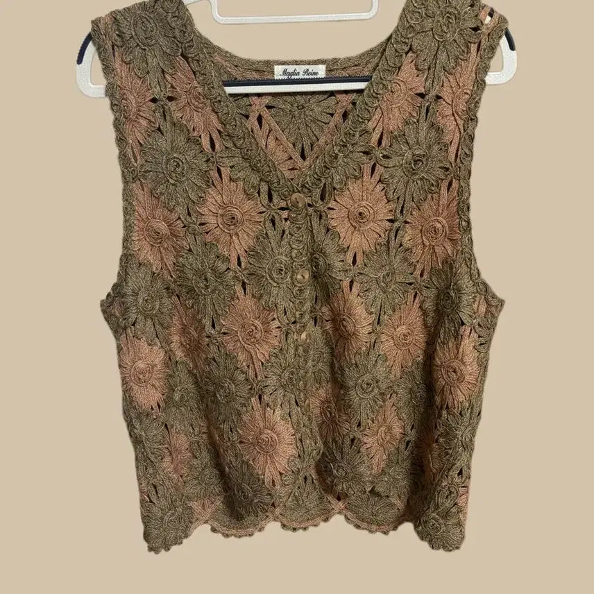 [BUNJANG] Vintage Pink Khaki Crochet Vest / 빈티지 핑크 카키 크로쉐 베스트