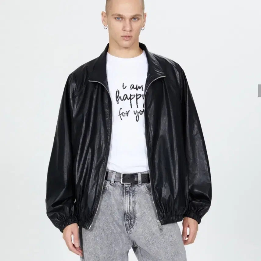 [BUNJANG] Glossy Coated Leather Jumper - Black / 8178 글로시 코팅 레더 점퍼_블랙