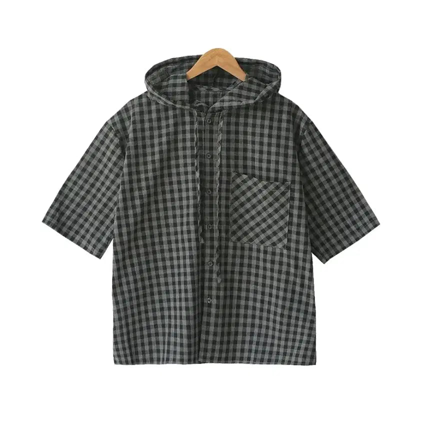 [BUNJANG] 르위 Checkered Boxy Hoodie Shirt / 르위 후드 체크 박시 남방