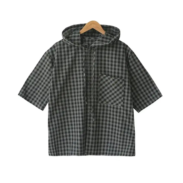 [BUNJANG] 르위 Checkered Boxy Hoodie Shirt / 르위 후드 체크 박시 남방