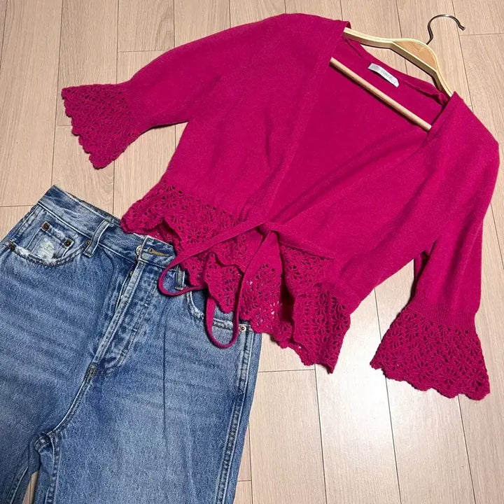 [BUNJANG] Narakamiche Cashmere 100% Punch Lace Ribbon Open Short Cardigan / 나라카미체 캐시미어100% 펀칭 레이스 리본 오픈 숏 가디건 진달래핑크