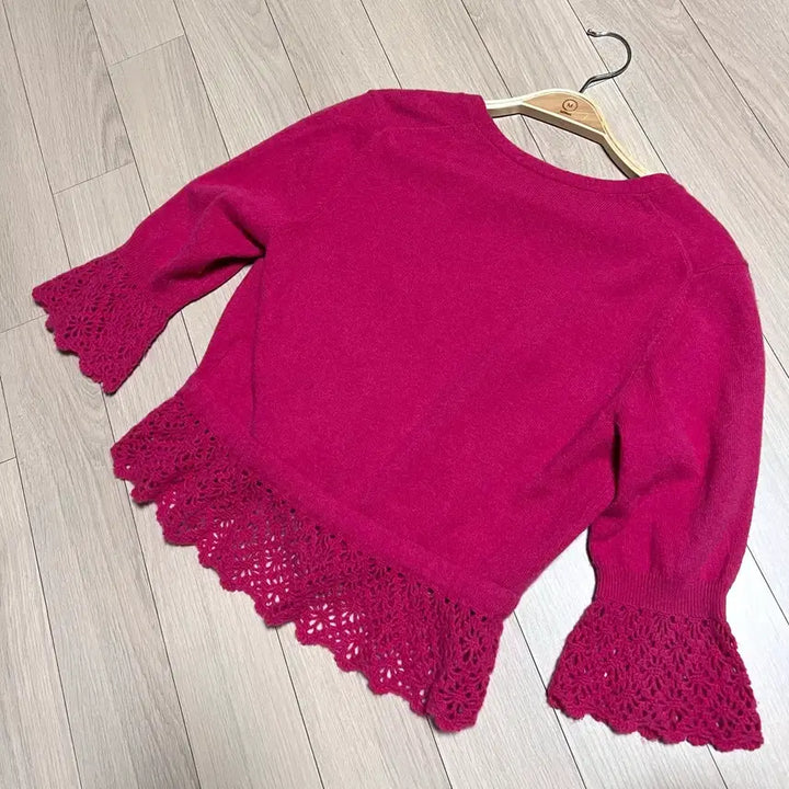 [BUNJANG] Narakamiche Cashmere 100% Punch Lace Ribbon Open Short Cardigan / 나라카미체 캐시미어100% 펀칭 레이스 리본 오픈 숏 가디건 진달래핑크
