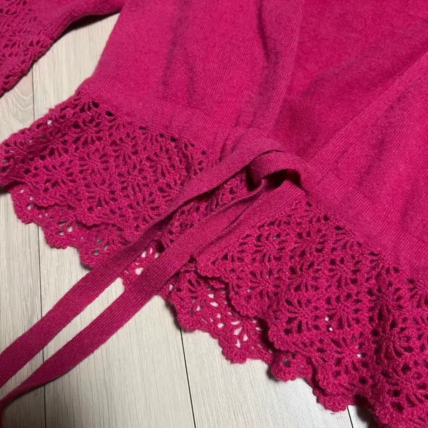 [BUNJANG] Narakamiche Cashmere 100% Punch Lace Ribbon Open Short Cardigan / 나라카미체 캐시미어100% 펀칭 레이스 리본 오픈 숏 가디건 진달래핑크
