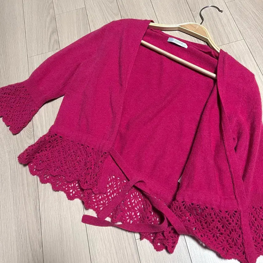 [BUNJANG] Narakamiche Cashmere 100% Punch Lace Ribbon Open Short Cardigan / 나라카미체 캐시미어100% 펀칭 레이스 리본 오픈 숏 가디건 진달래핑크
