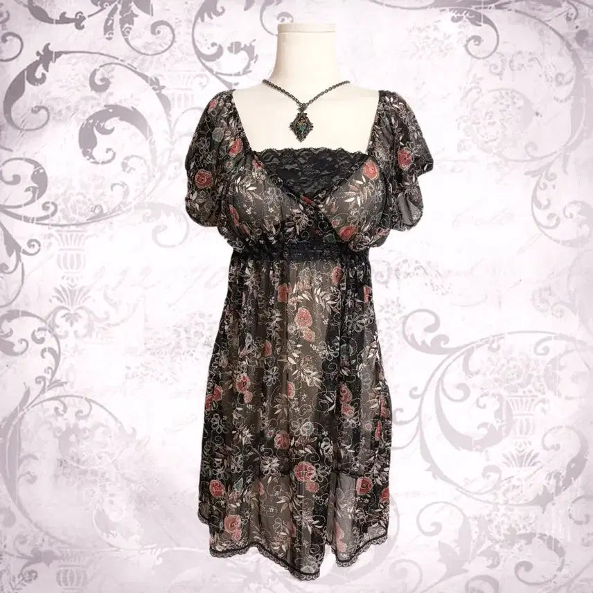 [BUNJANG] Oriental Fairy Rose Off-shoulder See-through Dress / 일본 오리엔탈 페어리 블랙 은사 장미 오프숄더 시스루 원피스