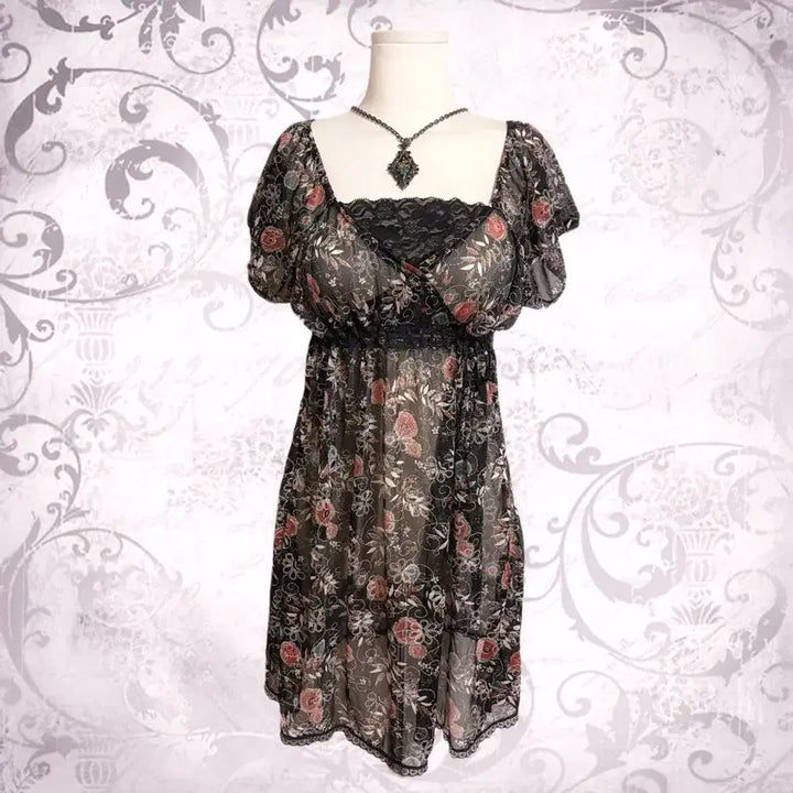 [BUNJANG] Oriental Fairy Rose Off-shoulder See-through Dress / 일본 오리엔탈 페어리 블랙 은사 장미 오프숄더 시스루 원피스