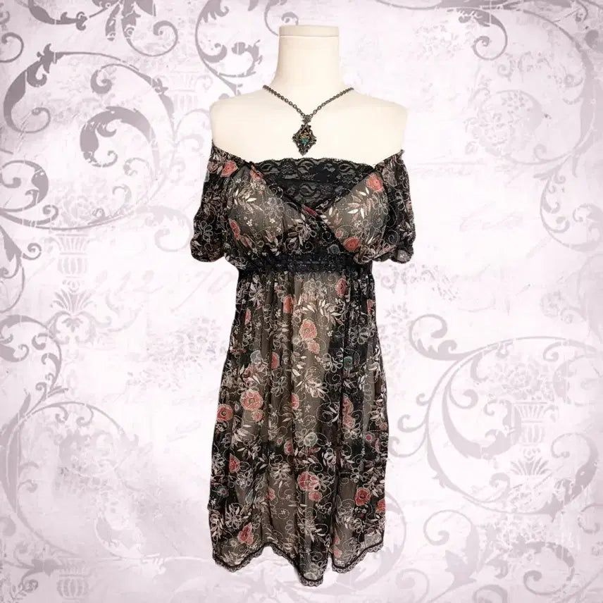 [BUNJANG] Oriental Fairy Rose Off-shoulder See-through Dress / 일본 오리엔탈 페어리 블랙 은사 장미 오프숄더 시스루 원피스
