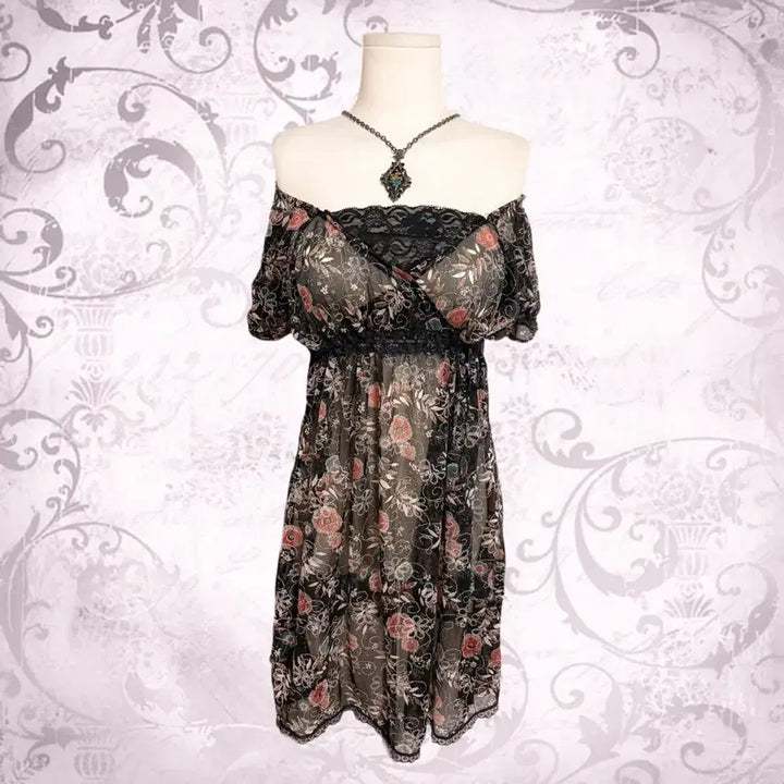 [BUNJANG] Oriental Fairy Rose Off-shoulder See-through Dress / 일본 오리엔탈 페어리 블랙 은사 장미 오프숄더 시스루 원피스