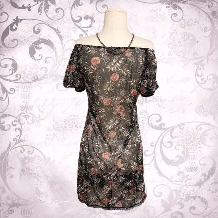 [BUNJANG] Oriental Fairy Rose Off-shoulder See-through Dress / 일본 오리엔탈 페어리 블랙 은사 장미 오프숄더 시스루 원피스