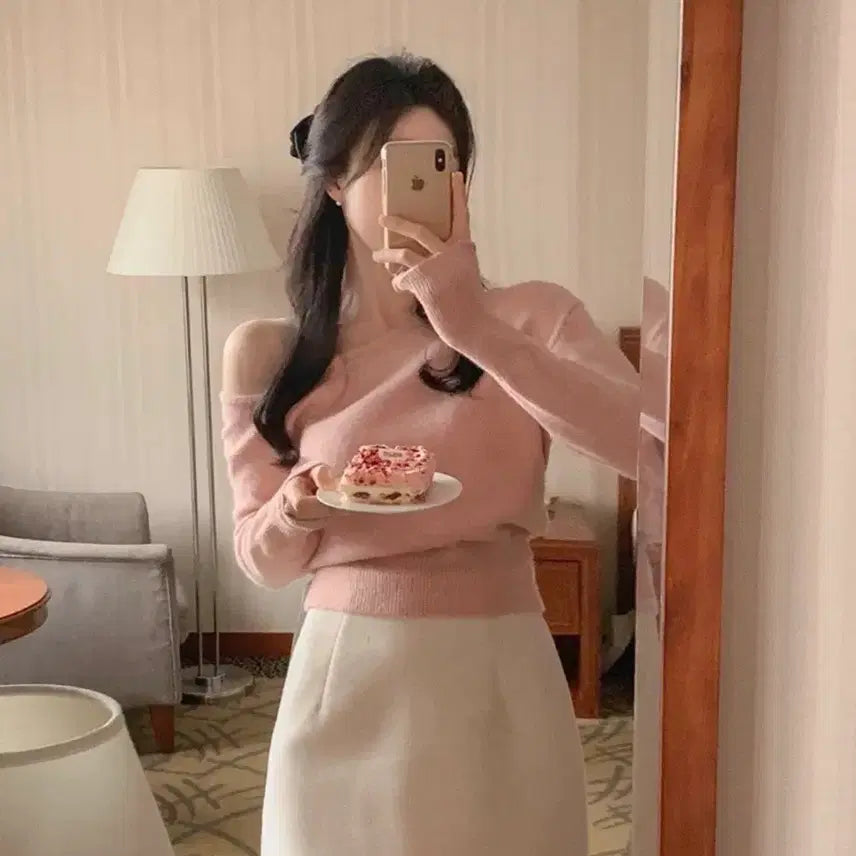 [BUNJANG] Off-Shoulder Knit Top - Pink / 오프숄더 니트 핑크