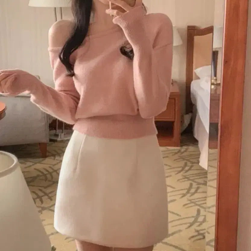 [BUNJANG] Off-Shoulder Knit Top - Pink / 오프숄더 니트 핑크