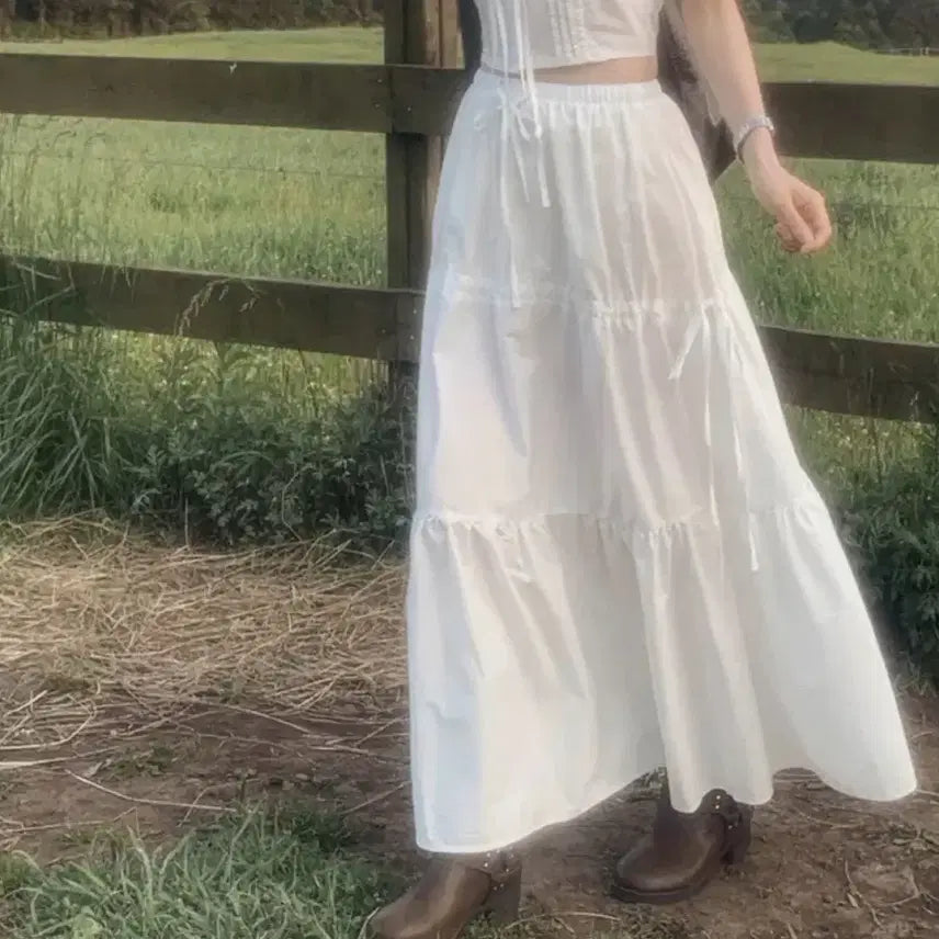 [BUNJANG] Unbranded Banded Long Ruffle Skirt - White / 허리밴딩 캉캉 롱스커트 화이트 FREE