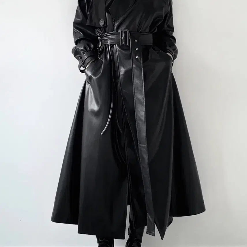[SOLD OUT] 블랙 레더 롱 트렌치 코트