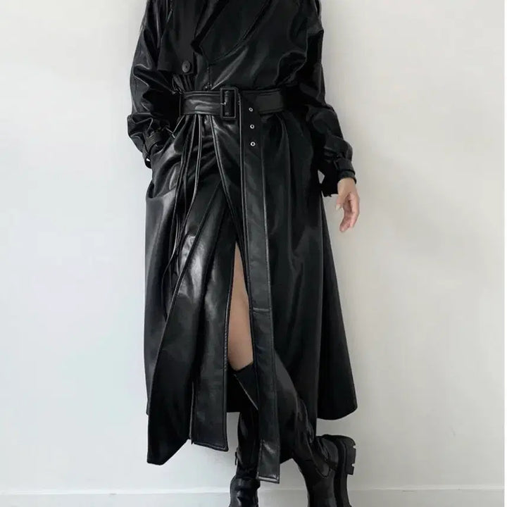 [SOLD OUT] 블랙 레더 롱 트렌치 코트