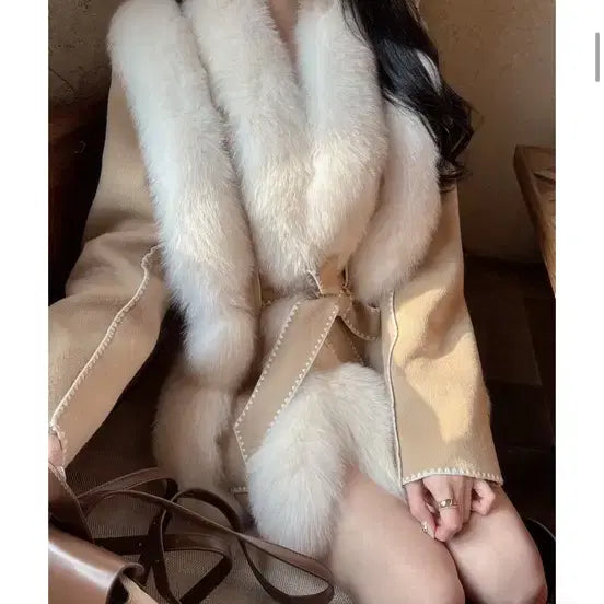 [BUNJANG] DeBella Duet Fox Fur Ribbon Belt Half Coat / 드벨라 듀엣 폭스퍼 리본 벨트 하프 코트 (수입) 원가359,000원