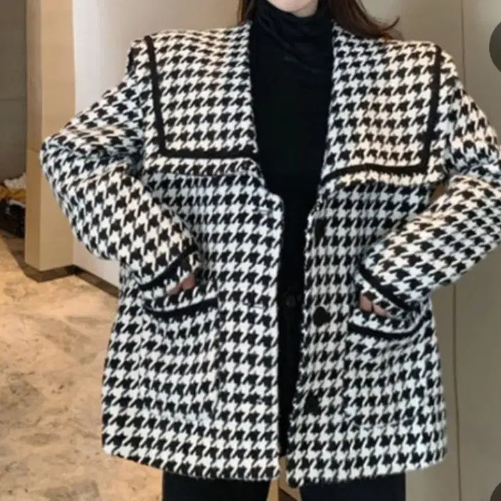 [BUNJANG] Houndstooth Check Tweed Coat Jacket with Big Collar / 빅카라하운드투스 체크 트위드 코트자켓
