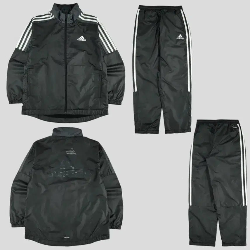 [BUNJANG] Adidas Kids Black Charcoal White Raglan Climastorm Sweatshirt Set / 아디다스 블랙 차콜 화이트 배색 로고 삼선 레글런 클라이마스톰 기모 바람