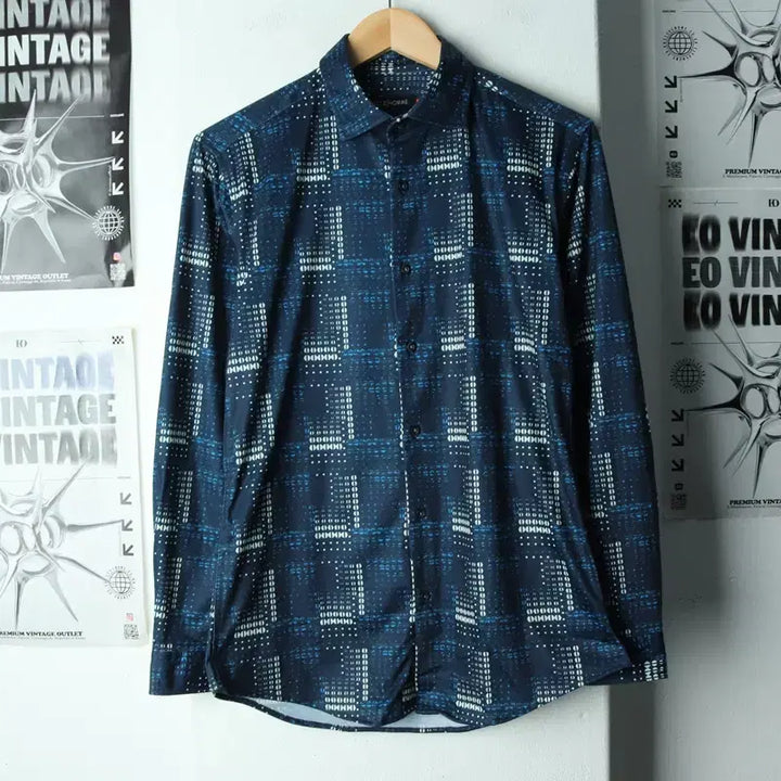 [BUNJANG] Elle Patterned Blue Shirt / (M) 엘르 셔츠 남방 패턴 블루 올드스쿨-179E1