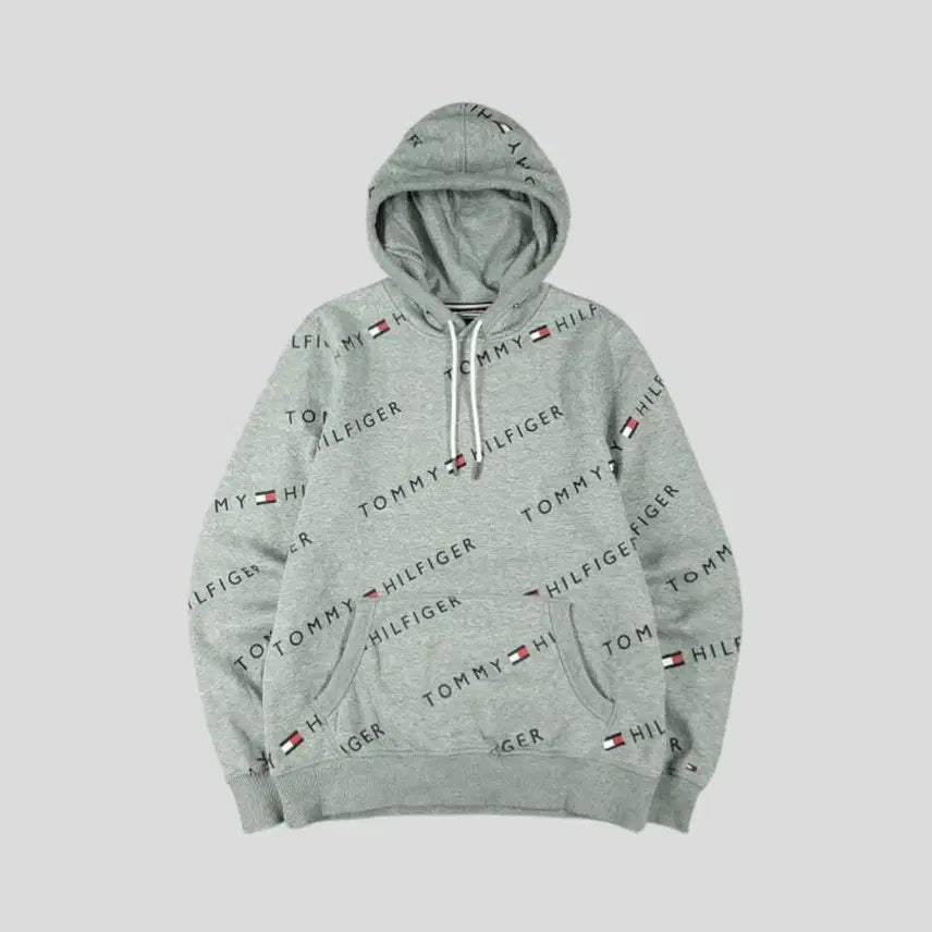 [BUNJANG] Tommy Hilfiger Cotton Blend Hoodie / 타미힐피거 그레이 블랙 스펠아웃 로고 패턴 기모 코튼블렌드 후드 티셔츠